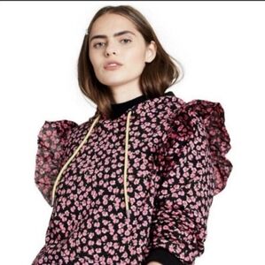 NWT* Sandy Liang Black and Pink Floral Hoodie With Shoulder Ruffle Detail